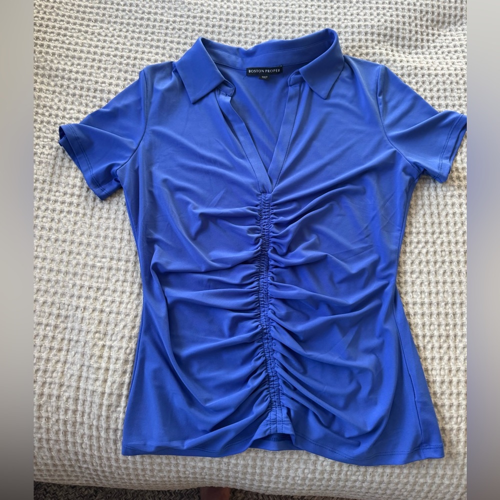 Boston Proper Royal Blue Ruched Polo Blouse